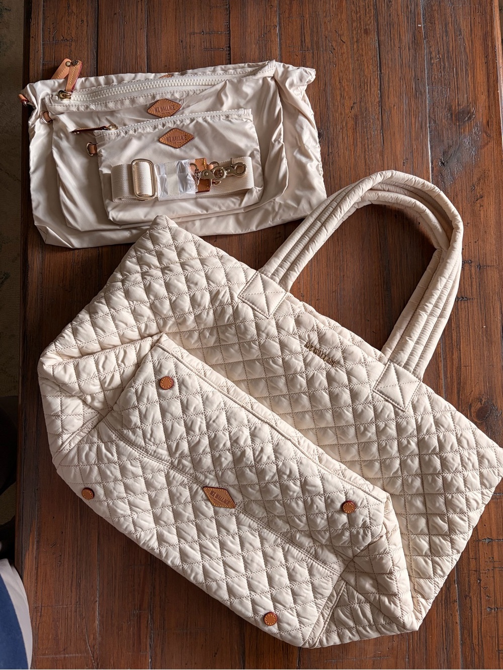 Mz Wallace Deluxe Quilted Cream Tote Bag with Matching Pouches